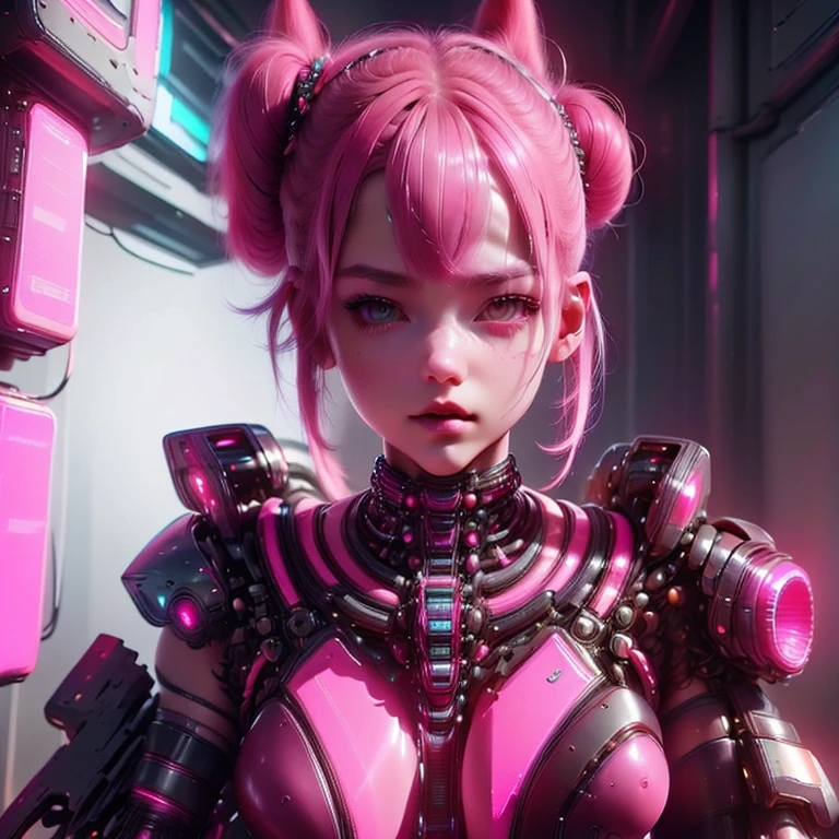 a close up of a girl with pink hair and a pink outfit, beautiful cyberpunk woman model, in cyberpunk style, cyberpunk, beautiful cyberpunk girl face, futuristic look, cyberpunk look, hyper-realistic cyberpunk style, bright cyberpunk glow, cyberpunk beautiful girl, cyberpunk style color, cyberpunk style ， hyperrealistic, neon cyberpunk style