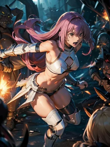 highest quality、realistic style、battle of despair 1:8、beautiful woman with very long purple hair、white light armor（chest exposed...