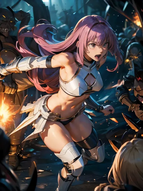 highest quality、realistic style、battle of despair 1:8、beautiful woman with very long purple hair、white light armor（chest exposed...