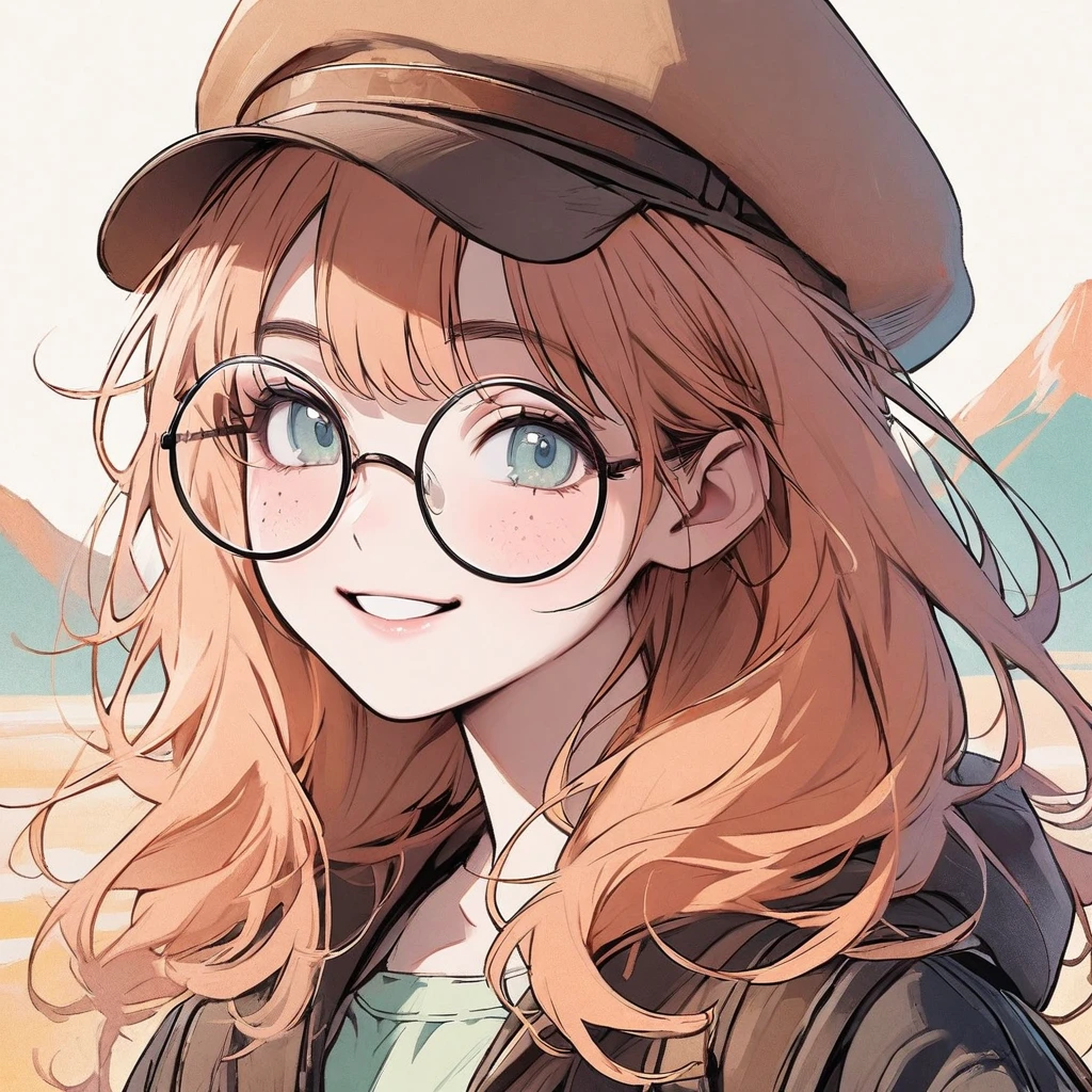 Girl, pastel orange hair, pastel colors, face close up, messy hair, adventure, explorer, brown beret, big round glasses, smiling, big freckles, beautiful