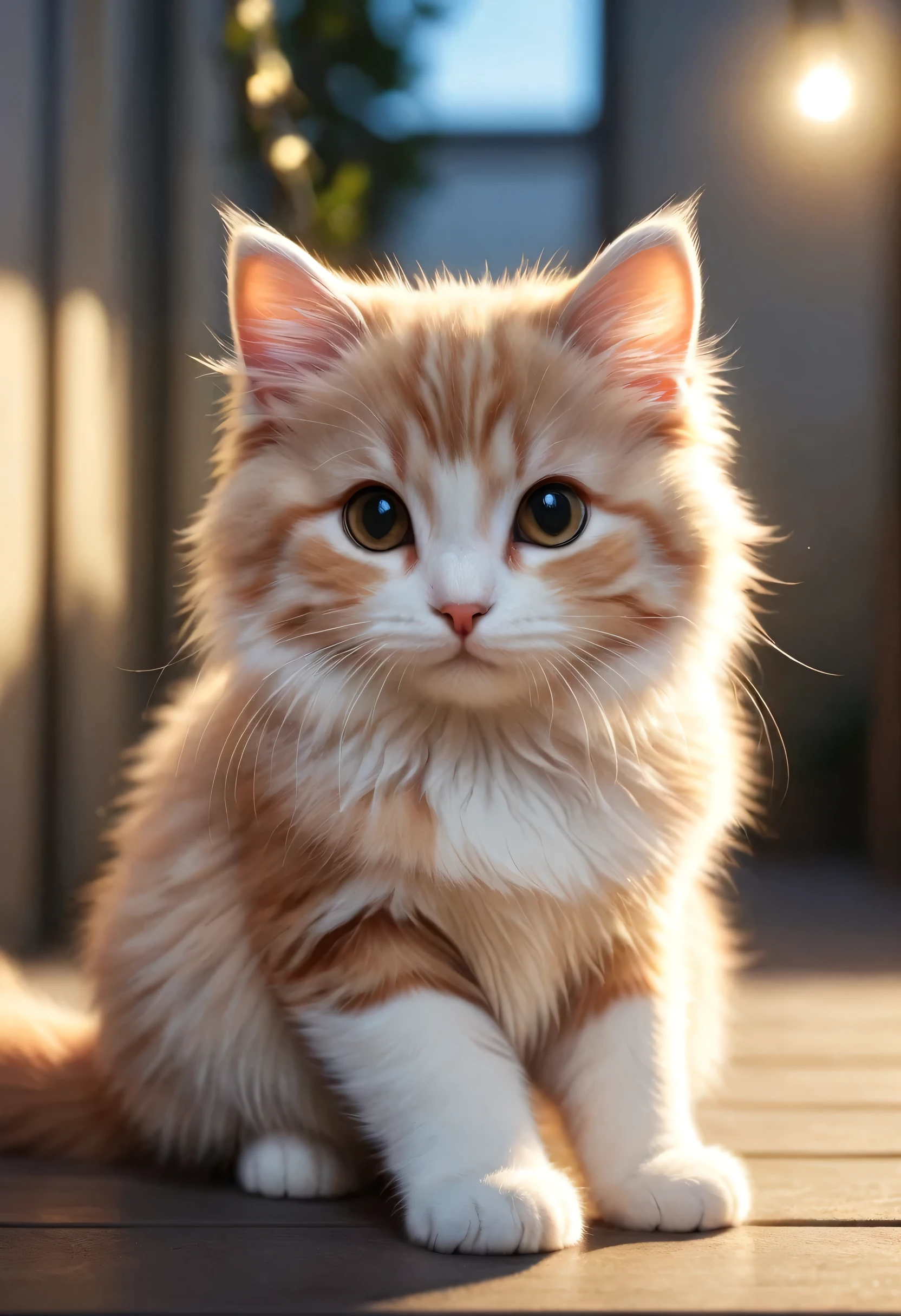 [cute cat greets viewers, Pierre＝Art by Auguste Renoir and Jeremy Mann, (Viewpoint angle:1.2), Realistic, Ray Tracing, Beautiful lighting,masterpiece:RAW Photos,Photorealistic,cute cat,The best masterpiece,Fluffy cat,Beautiful light and shadow,Reality:0.4]