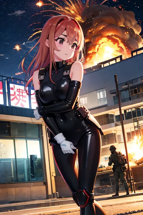 sumi sakurasawa、holding hundgun、at night、fence、1 girl、black bodysuit、infiltrate a military base、tank hangar、military base explod...