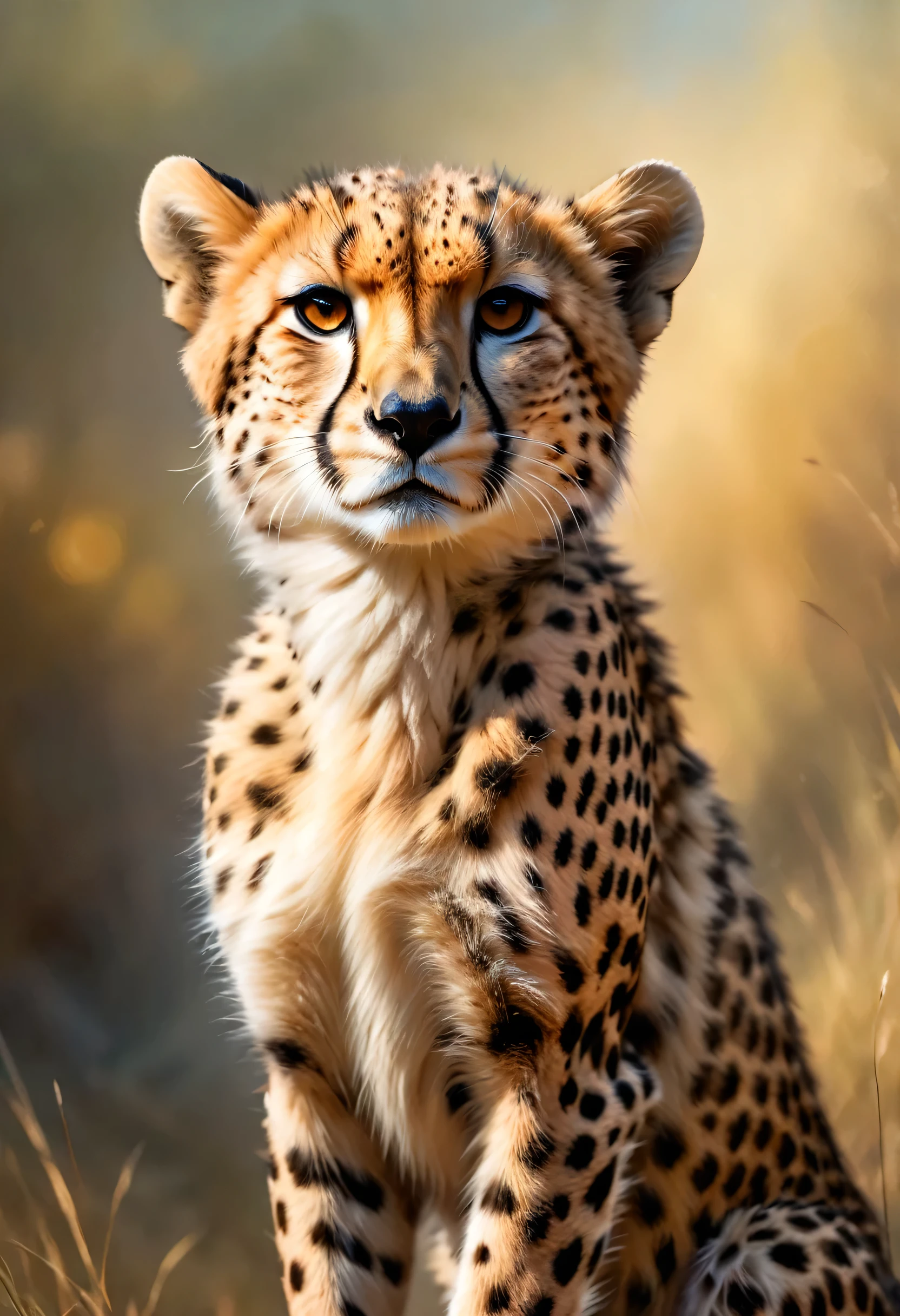 A cute cheetah greets the viewer, Pierre＝Art by Auguste Renoir and Jeremy Mann, (Viewpoint angle:1.2), Realistic, Ray Tracing, Beautiful lighting,masterpiece,National Geographic,Emphasis on realism,Blurred Background