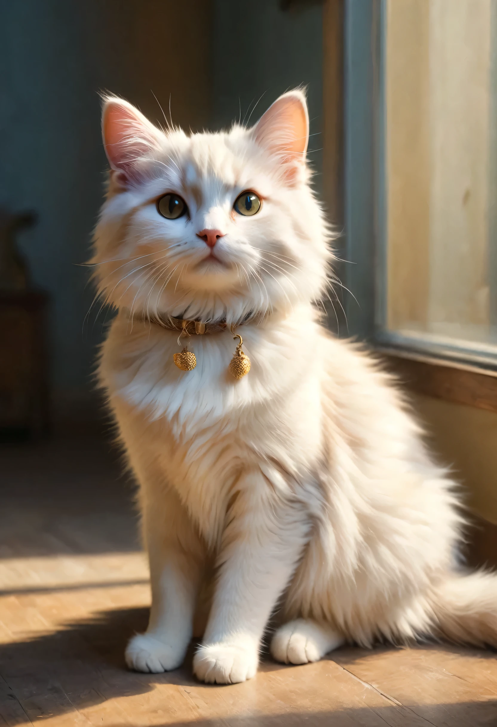 [cute cat greets viewers, Pierre＝Art by Auguste Renoir and Jeremy Mann, (Viewpoint angle:1.2), Realistic, Ray Tracing, Beautiful lighting,masterpiece:RAW Photos,Photorealistic,cute cat,The best masterpiece,Fluffy cat,Beautiful light and shadow,Reality:0.4]