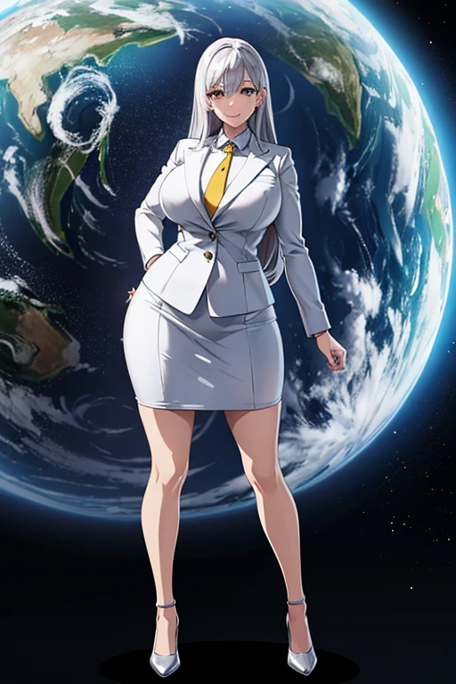 Anime drawings,Full body portrait、Office Lady in Space Science Fiction、A curvy woman, standing upright, about 180cm tall, about 48 years old, wearing a silver suit and a silver short skirt、Smiling、Long silver hair、Yellow tie