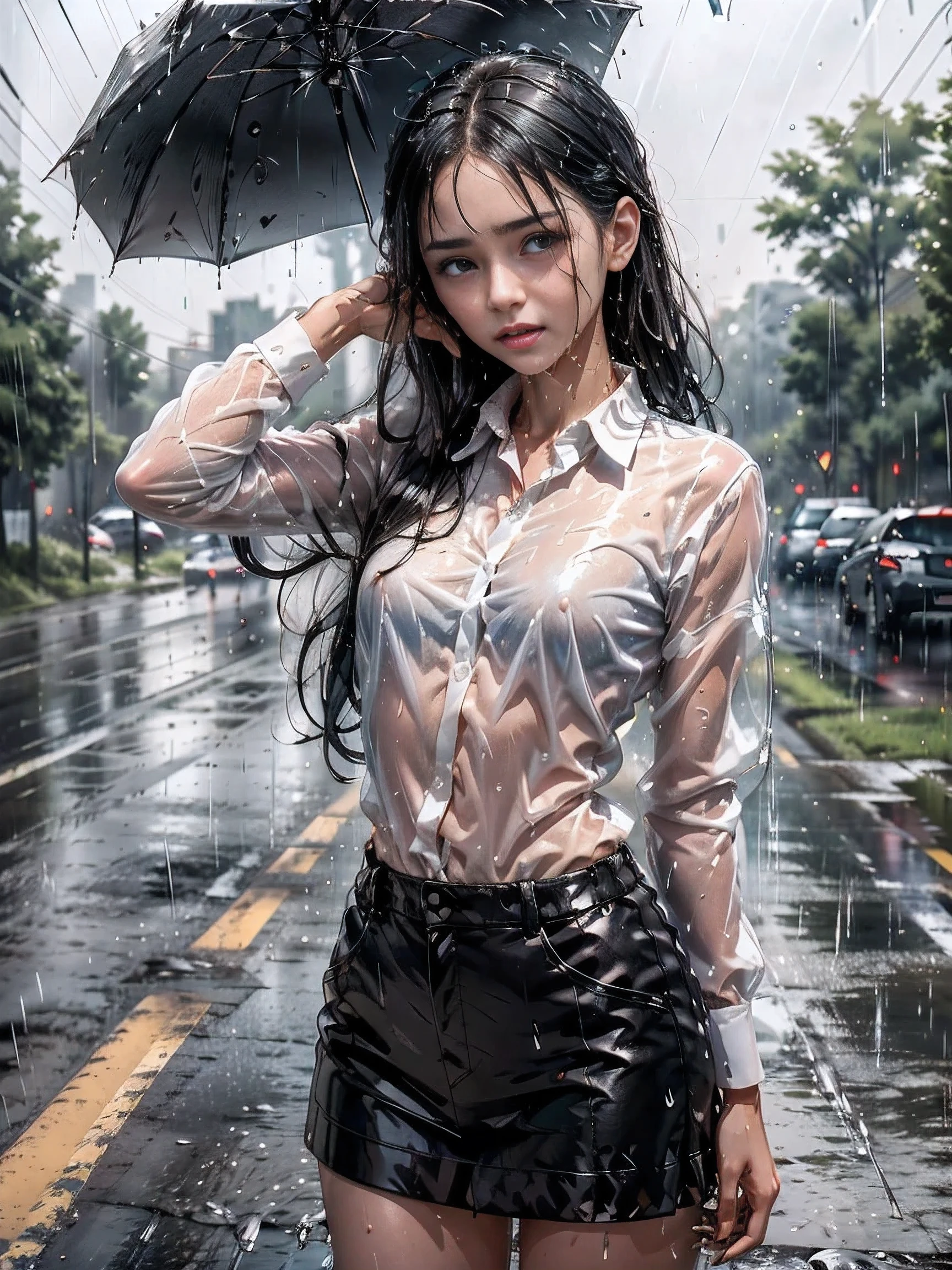 a beautiful girl crying in the countryside road, rainy, trees around the road, standing, wet shirt, long hair, black hair, ((small breasts))