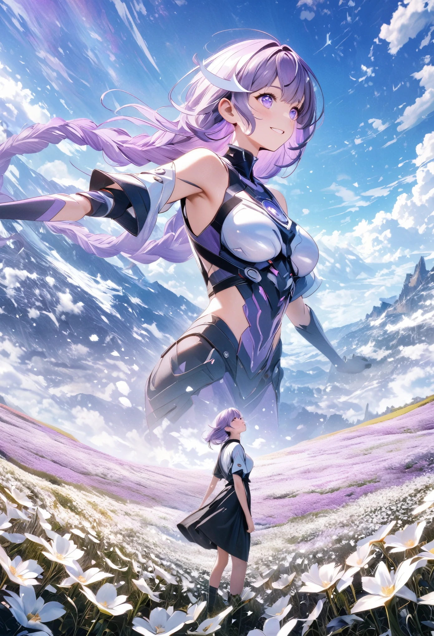 Wide open field of white flowers landscape photo, A purple-haired girl stands in a flower field and looks up at the blue sky, Art Graphic Art, professional, 4k, Very detailed