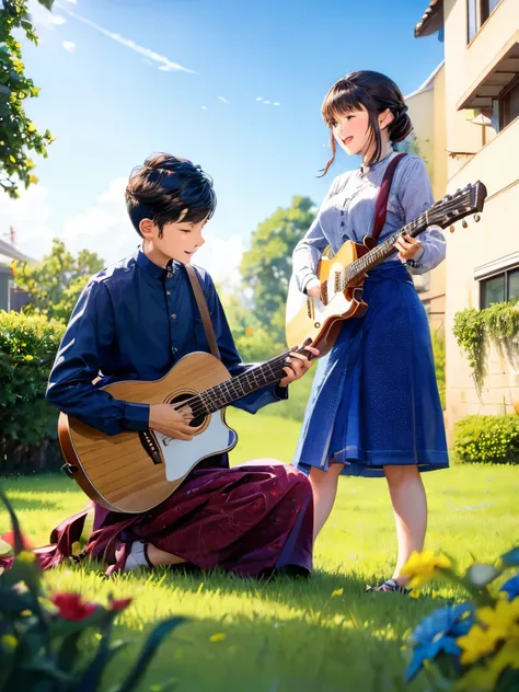 a boy girlfriend playing only one guitar together in the front garden