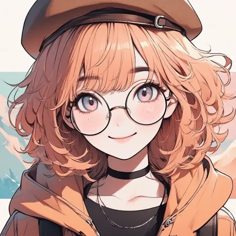 girl, pastel orange hair, pastel colors, face close up, messy hair, adventure, explorer, brown beret, big round glasses, smiling...