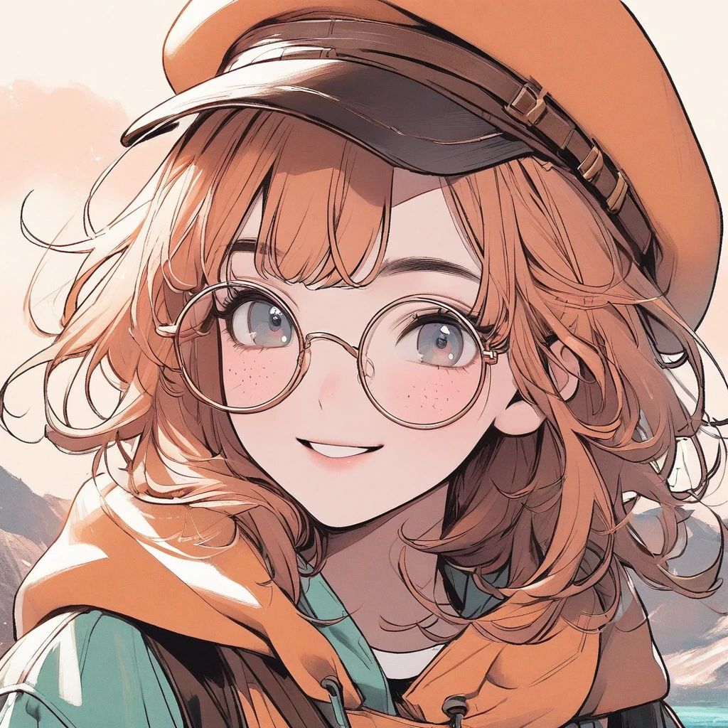 Girl, pastel orange hair, pastel colors, face close up, messy hair, adventure, explorer, brown beret, big round glasses, smiling, big freckles, beautiful