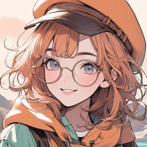 girl, pastel orange hair, pastel colors, face close up, messy hair, adventure, explorer, brown beret, big round glasses, smiling...