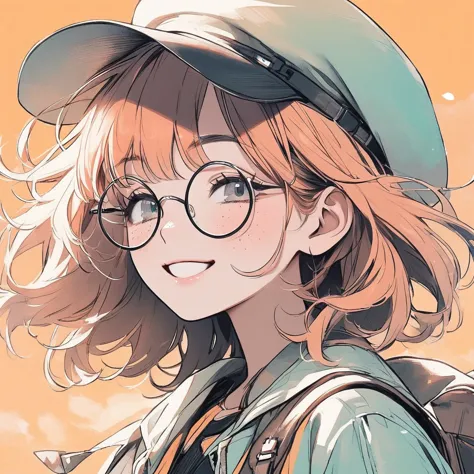 girl, pastel orange hair, pastel colors, face close up, messy hair, adventure, explorer, brown beret, big round glasses, smiling...