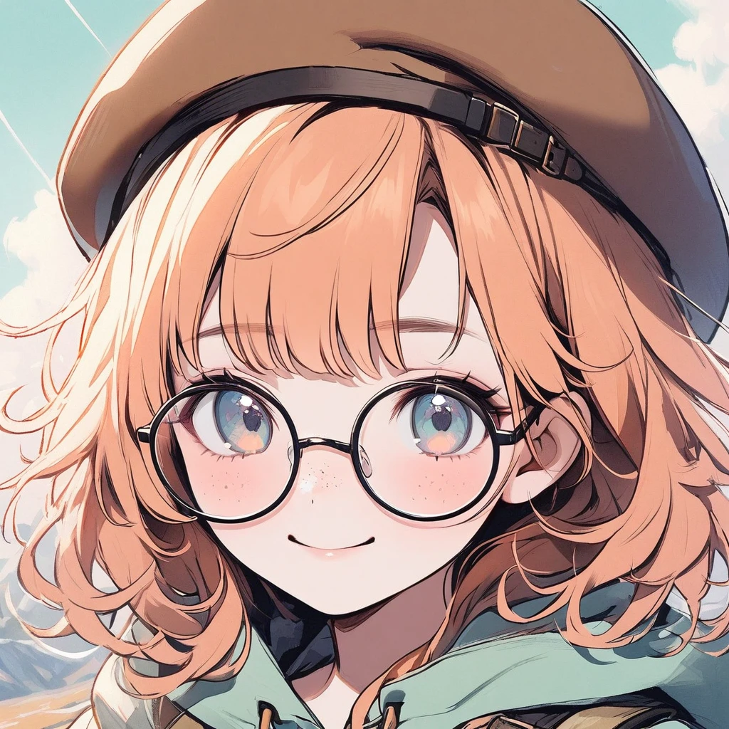 Girl, pastel orange hair, pastel colors, face close up, messy hair, adventure, explorer, brown beret, big round glasses, smiling, big freckles, beautiful, ethereal 