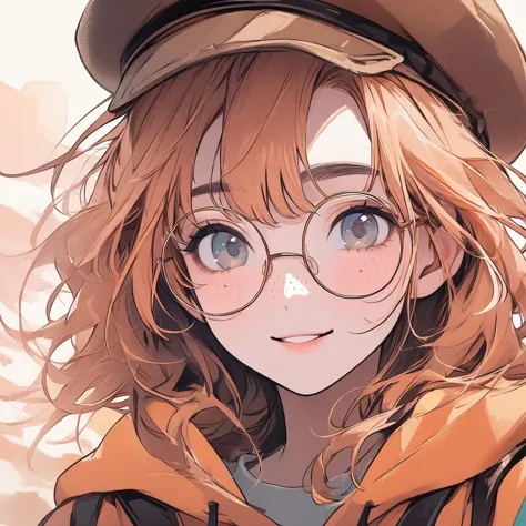 girl, pastel orange hair, pastel colors, face close up, messy hair, adventure, explorer, brown beret, big round glasses, smiling...