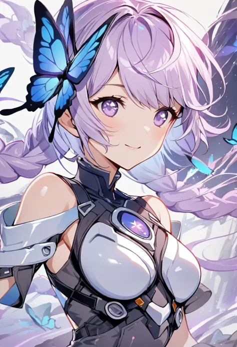 1 girl，Purple Hair，Blue Butterfly，shiny，Upper body close-up