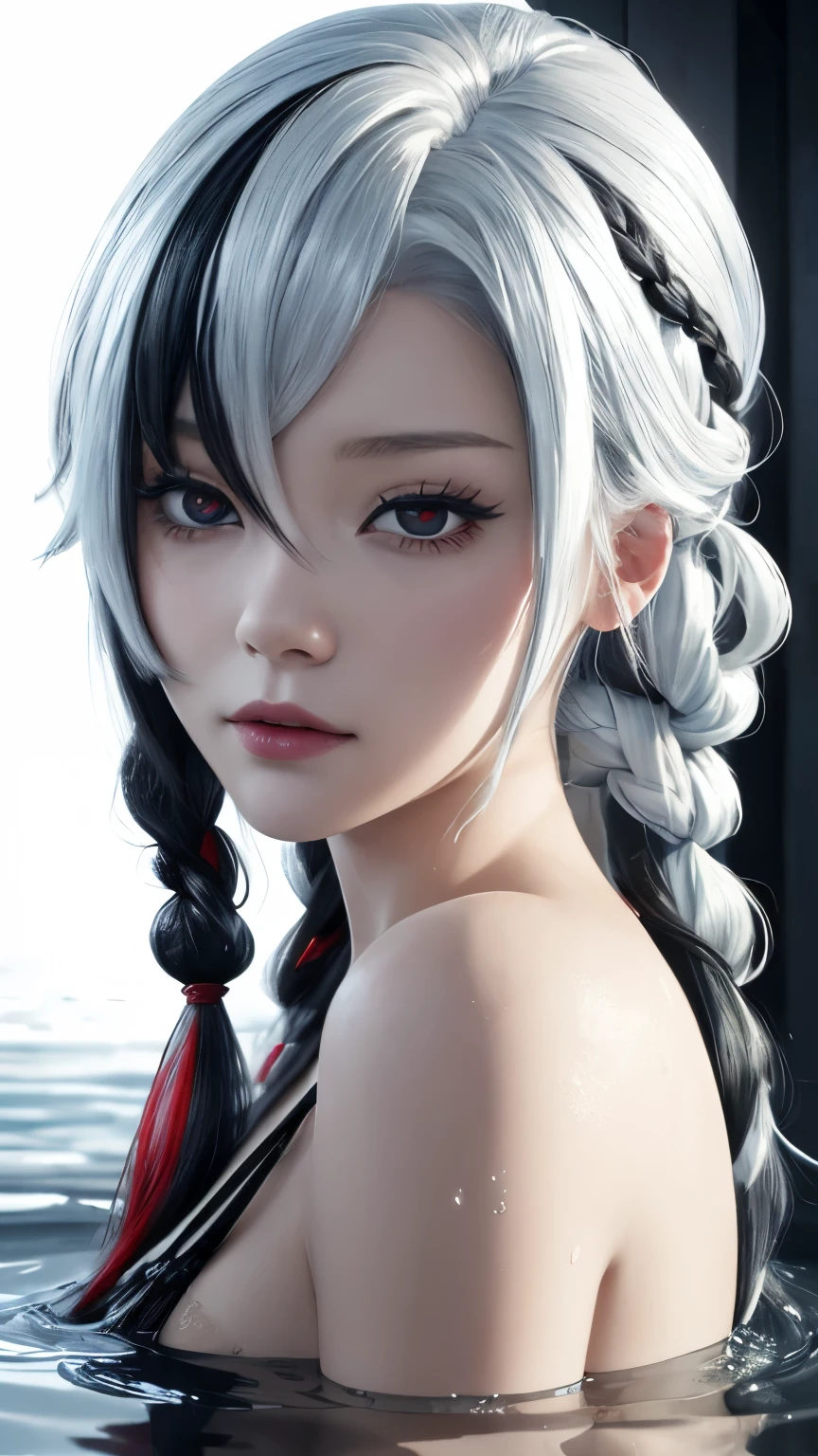 Masterpiece,Photorealism,high resolution,A young girl holding a glass of water,Water splashing on glass,White hair,black hair,Colorful hair,Straight Hair,Long braids,Red eyes,Red X pupils,In realistic style,Gumbi,pretty girl,Simple background,There are bubbles everywhere,
