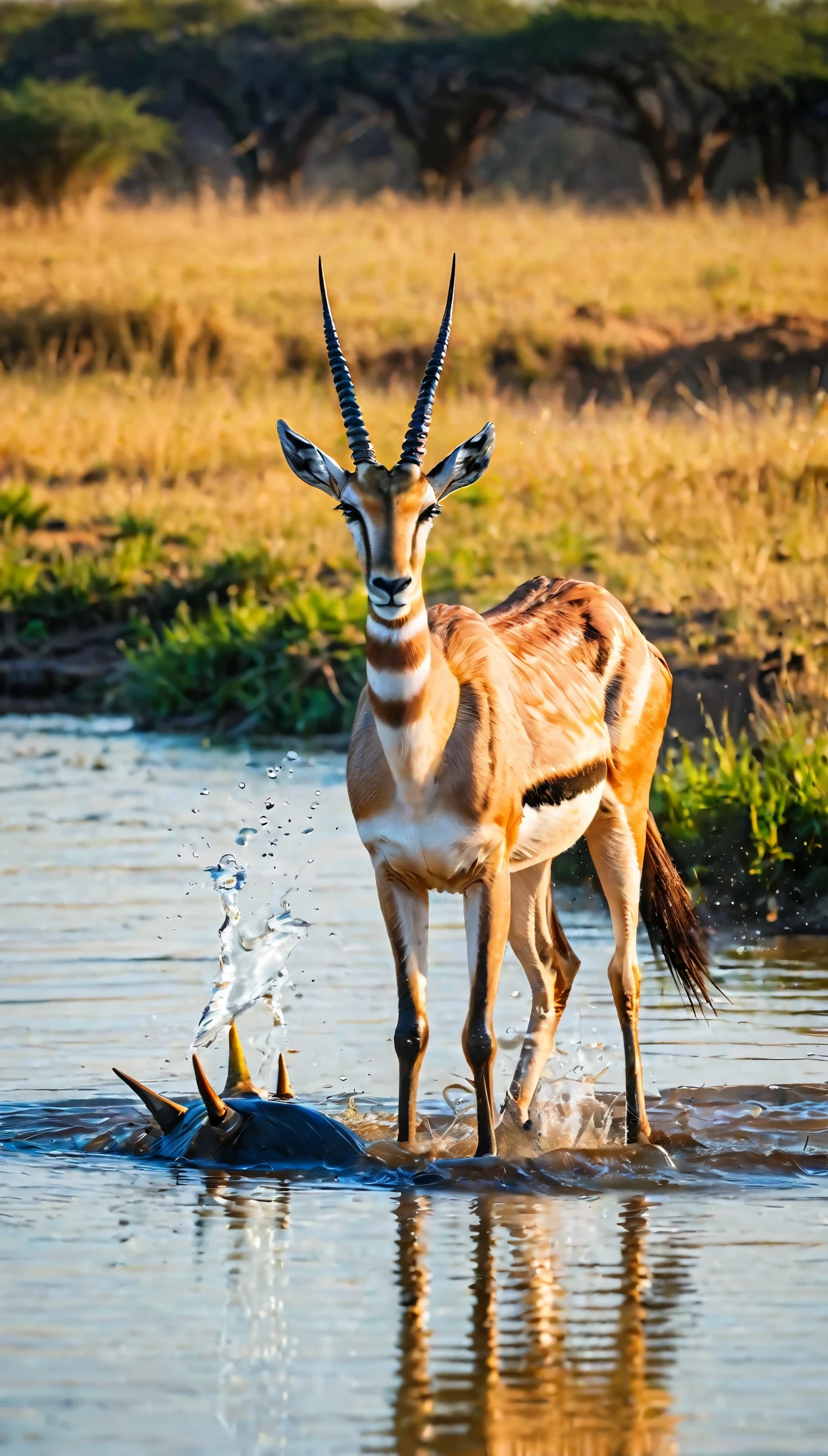 (best quality, realistic, raw, highres), African wildlife, animal photography, wild African steppe, gazelle drinking water by the river, lurking crocodile, fleeting moment, intense predator-prey interaction, precise capture, remarkable details, powerful composition, vibrant colors, natural lighting