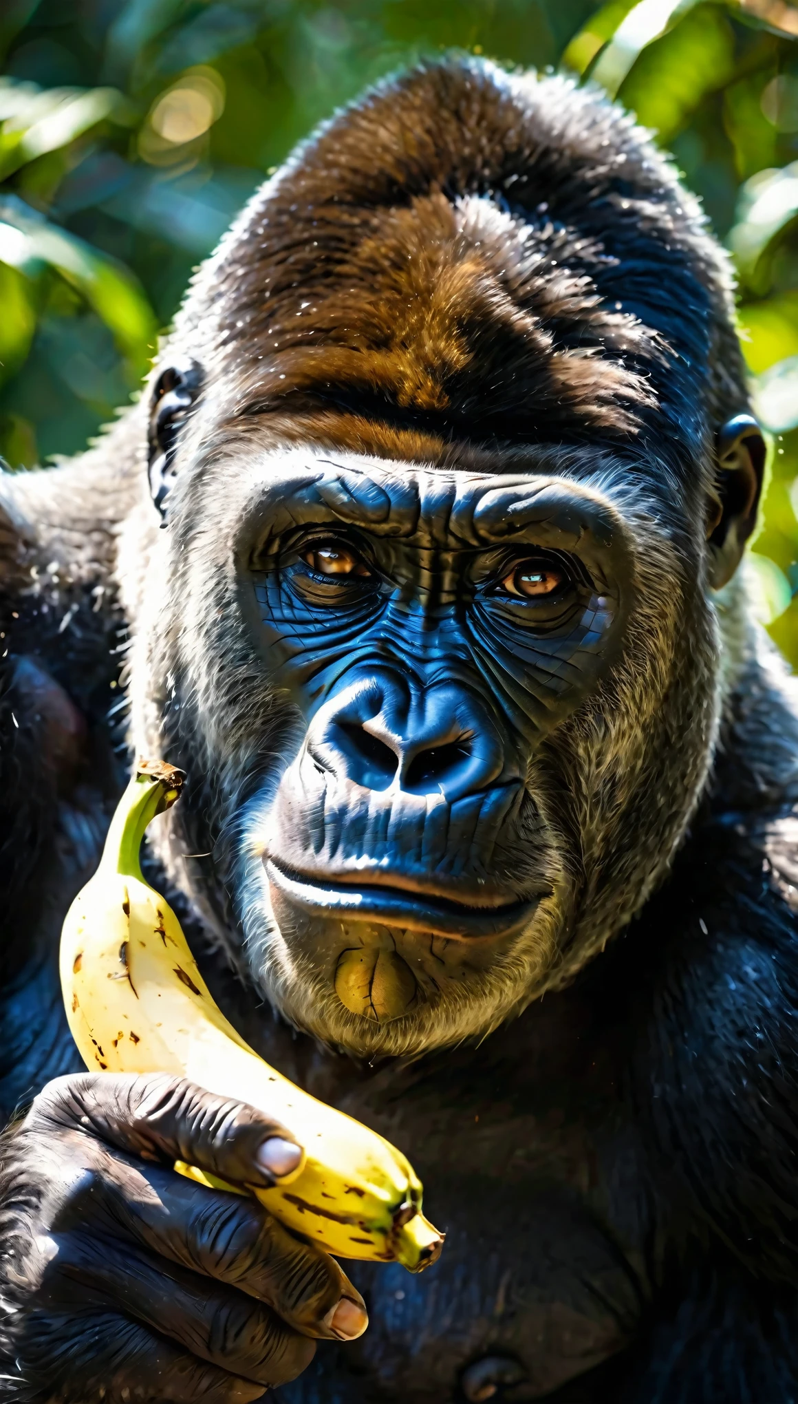 (best quality,highres,ultra-detailed),medium close-up of an African gorilla's,[bored](bored:0.9) expression, [holding](holding:1.1) a banana in one hand, [watching](watching:1.1) an animal photographer with curiosity, [realistic](realistic:1.37) facial features and texture, [intense](intense:1.1) gaze from the gorilla's eyes, [sunlight](sunlight:1.1) casting [dramatic](dramatic:1.1) shadows, [vivid](vivid:1.1) colors highlighting the gorilla's fur, [bokeh](bokeh:1.1) background adding depth to the image, [natural](natural:1.1) lighting capturing the raw beauty of the moment, [details](details:1.1) of the gorilla's facial expressions and [muscular](muscular:1.1) physique.
