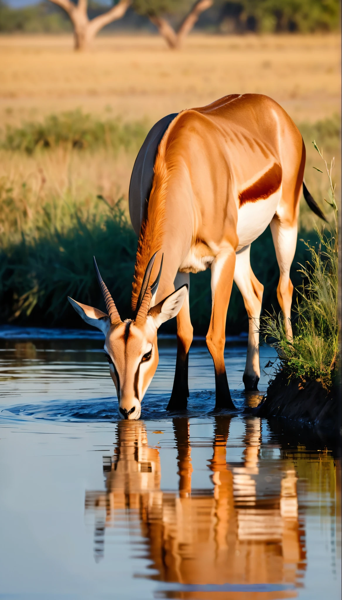 (best quality, realistic, raw, highres), African wildlife, animal photography, wild African steppe, gazelle drinking water by the river, lurking crocodile, fleeting moment, intense predator-prey interaction, precise capture, remarkable details, powerful composition, vibrant colors, natural lighting