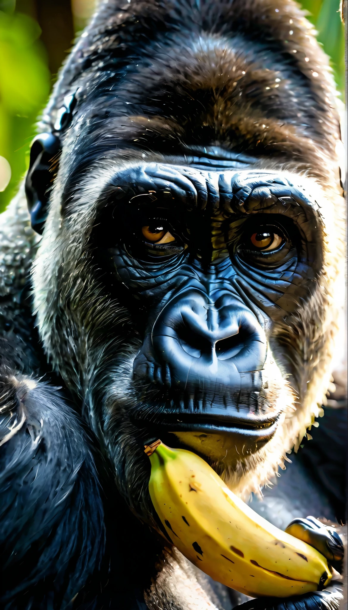 (best quality,highres,ultra-detailed),medium close-up of an African gorilla's,[bored](bored:0.9) expression, [holding](holding:1.1) a banana in one hand, [watching](watching:1.1) an animal photographer with curiosity, [realistic](realistic:1.37) facial features and texture, [intense](intense:1.1) gaze from the gorilla's eyes, [sunlight](sunlight:1.1) casting [dramatic](dramatic:1.1) shadows, [vivid](vivid:1.1) colors highlighting the gorilla's fur, [bokeh](bokeh:1.1) background adding depth to the image, [natural](natural:1.1) lighting capturing the raw beauty of the moment, [details](details:1.1) of the gorilla's facial expressions and [muscular](muscular:1.1) physique.