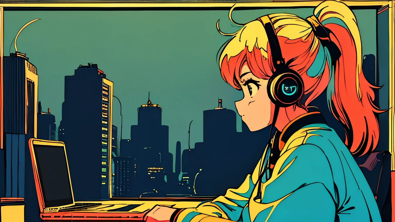 fine, City pop style art, Yellow Hair, ponytail, Wearing headphones, Futuristic yet lo-fi, Retro, Vintage, Ghost, masterpiece, (( Side Shot)), Sit at a desk and concentrate on studying, Laptop and coffee on the desk, Building silhouette, (( Midnight )), (( Looking down ))