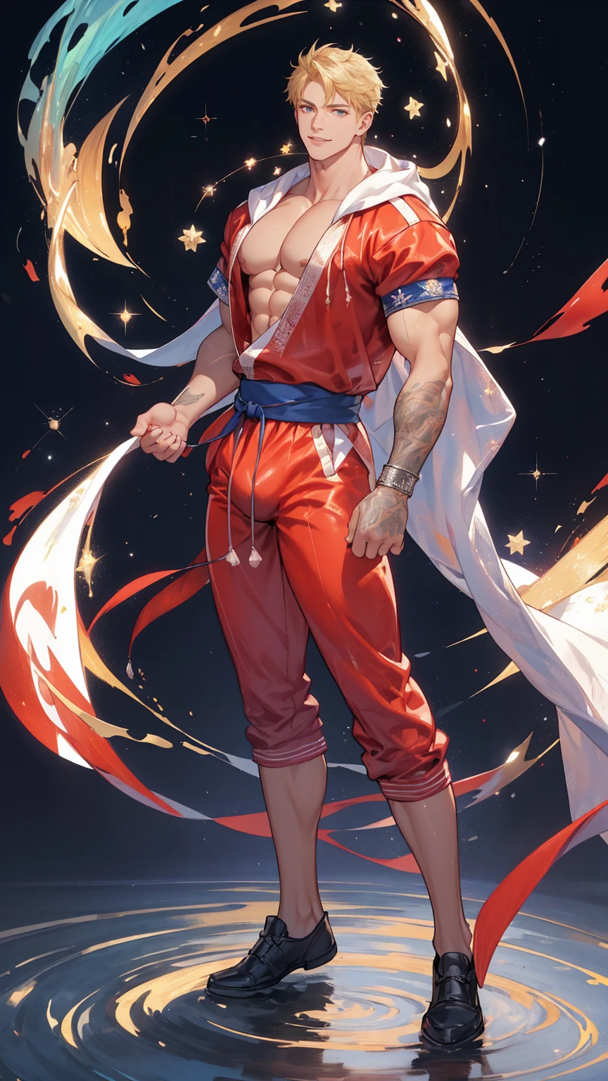 (KEN DE STREET FIGHTER EM TRAJE DE KARATE VERMELHO) (1 homem,Sozinho,macho) (corpo todo POSE) ((GIGACHAD CORPO MUSCULAR GIGANTE)) ((Grande protuberância, Bunda grande, coxa grande, pose sexy)) ((USAR FUNDOSHI)) ((Pele branca)) ((cabelo loiro)) | FLUTUANDO NO ESPAÇO COM ESTRELAS (brilhar) o fundo é (CÉU AZUL HORIZONTE AZUL) | Peito grande, corpo todo, bunda grande, pernas abertas, mostrar protuberância, sorriso, Retrato Cavaleiros do Zodíaco, extremamente detalhado ((artes pixiv)), high detailed Arte oficialwork, [ carta de tarô ]!!!!!, arte chave detalhada do anime, cavaleiros do zodíaco anime, lindo mago celestial, vaga-lume dos trilhos estelares de honkai, corpo todo | (Ângulo Dinâmico:1.1), contorno, ((lineart grosso)), cobrir, à moda, Arte oficial, (detalhes:1.2), (fantasia), jardim, (Florescer:1.1), brilho:0.2, sombra, Natureza, flor, respingos de água, cristal, flocos de neve, partículas, Bokeh, luz anamórfica (profundidade de campo), foco nitído, (iluminação volumétrica), (Bokeh:0.6), grão de filme:0.4, (iluminação suave:1.1) | alta qualidade, Ilustrações ultra-detalhadas, ultra-Alta resolução, (Alta resolução,Esmagadoramente perfeito em pixels,ilustração luxuosa), (ultra qualidade, obra de arte, etéreo:1.4) fotorrealista:.1.4, Ultra HD (8K, Foto CRU, melhor qualidade, obra de arte:1.2)