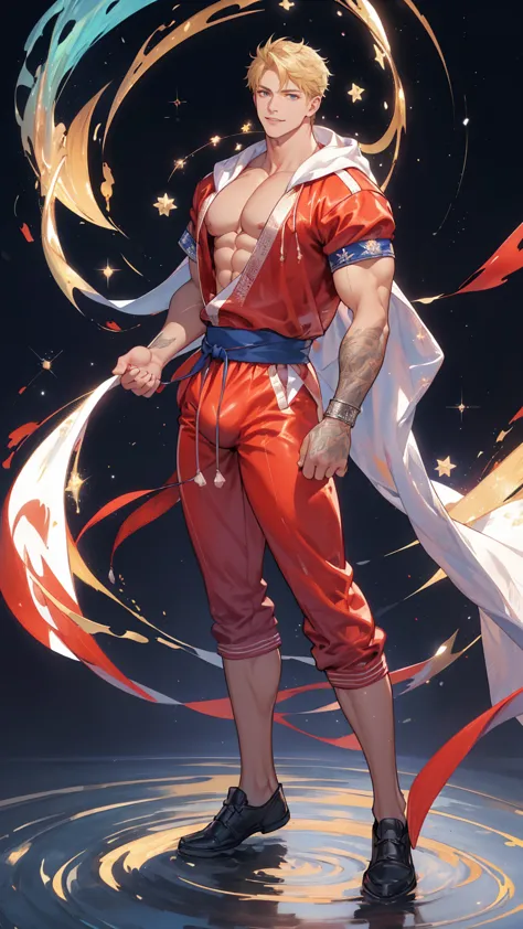 (KEN FROM STREET FIGHTER IN RED KARATE COSTUME) (1man,solo,male) (FULL BODY POSE) ((GIGACHAD GIANT MUSCULAR BODY)) ((BIG BULGE, ...
