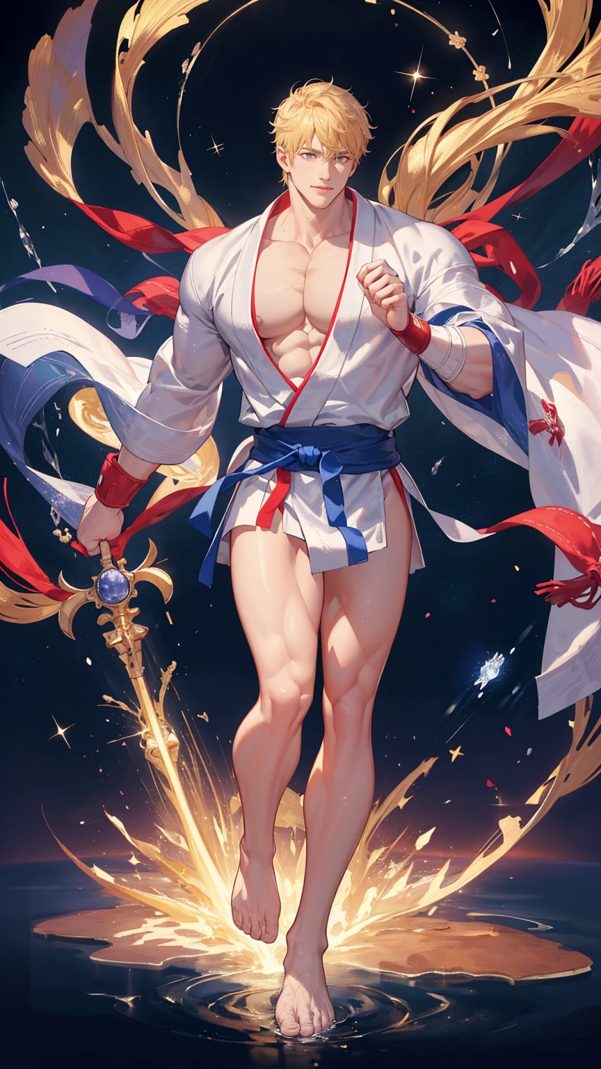 (RYU FROM STREET FIGHTER IN WHITE KARATE COSTUME) (1man,solo,male) (FULL BODY POSE) ((GIGACHAD GIANT MUSCULAR BODY)) ((BIG BULGE, BIG ASS, BIG THIGH, SEXY POSE)) ((WEAR FUNDOSHI)) ((WHITE SKIN)) ((BLONDE HAIR)) | FLOATING IN THE SPACE WITH STARS (SPARKLE) BACKGROUND IS (BLUE SKY AZURE HORIZON) | big CHEST, FULL BODY, large ASS, open legs, show BULGE, smile, portrait knights of zodiac, extremely detailed ((pixiv arts)), high detailed official artwork, [ tarot card ]!!!!!, detailed key anime art, knights of zodiac anime, beautiful celestial mage, firefly from honkai star rails, full body | (dynamic angle:1.1), outline, ((thick lineart)), cover, stylish, official art, (details:1.2), (fantasy), garden, (bloom:1.1), glow:0.2, shadow, nature, flower, splash water, crystal, snowflakes, particles, bokeh, anamorphic light (depth of field), sharp focus, (volumetric lighting), (bokeh:0.6), film grain:0.4, (soft lighting:1.1) | high-quality, ultra-detailed illustrations, ultra-high resolution, (high resolution,overwhelmingly pixel-perfect,luxurious illustration), (Ultra Quality, Masterpiece, Ethereal:1.4) photorealistic:.1.4, UHD (8k, RAW photo, best quality, masterpiece:1.2)