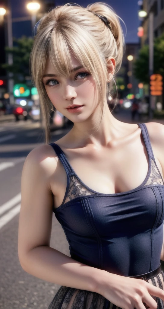 ((highest quality, 8k, masterpiece: 1.3)), whole body, Sharpen the focus: 1.2, Outstanding beauty: 1.4, Slim Abs: 1.2, Tank top dress: 1.1, (City of night, street: 1.1), Highly detailed face and skin texture, Fine grain, double eyelid, Mature Woman,Beautiful and attractive woman who follows fashion trends