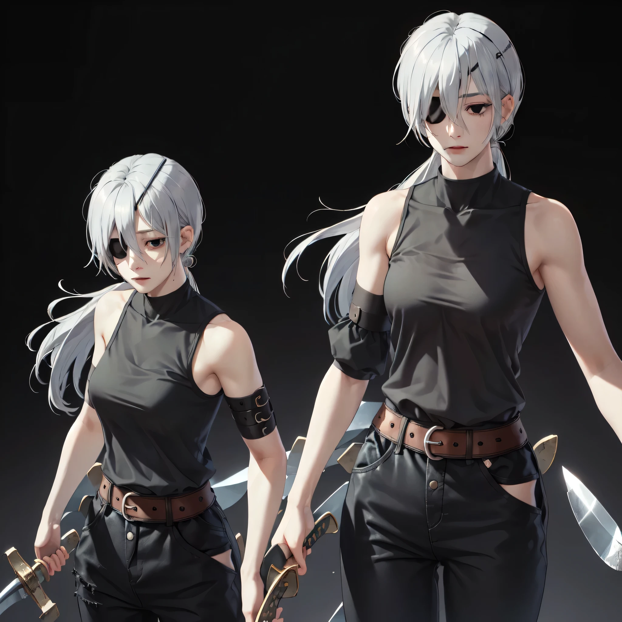 High quality, high detail, beautiful, beautiful face, white skin, sleepy eyes, black eyes, calm facial features, black eyepatch on the left eye, medium-length silver hair, slim, athletic body, black shirt with cut-off sleeves،Black pants, three swords at her waist, holding a sword, warrior pose, bloody background