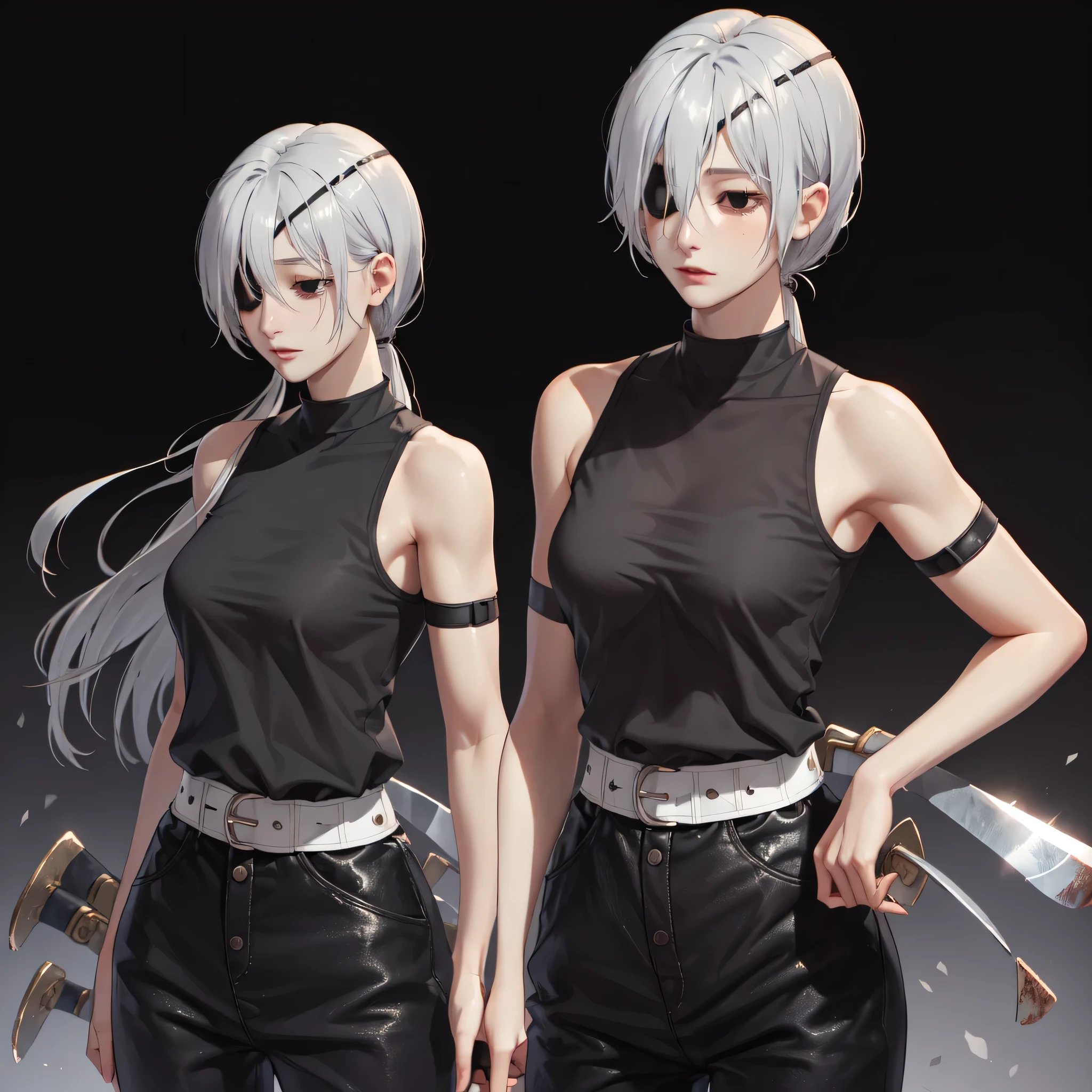 High quality, high detail, beautiful, beautiful face, white skin, sleepy eyes, black eyes, calm facial features, black eyepatch on the left eye, medium-length silver hair, slim, athletic body, black shirt with cut-off sleeves،Black pants, three swords at her waist, holding a sword, warrior pose, bloody background ، one girl 