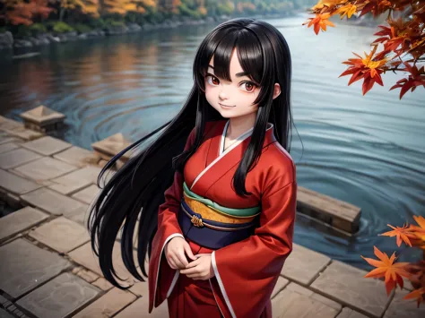 large rivers,girl standing on red bridge,blue sky,autumn leaves,straight hair,long hair,black hair,dark eyes,slanted eyes,18 yea...