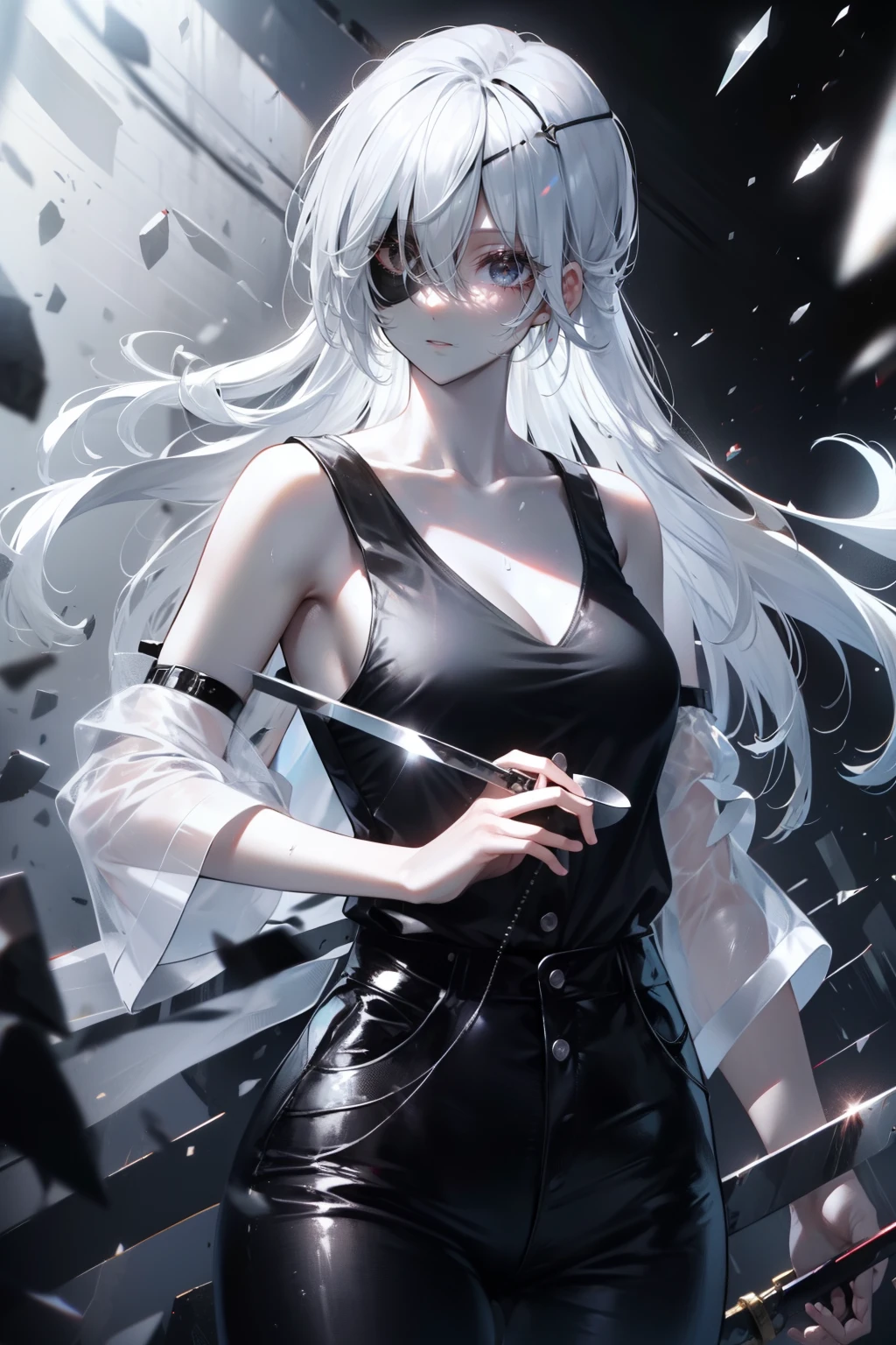 High quality, high detail, beautiful, beautiful face, white skin, sleepy eyes, black eyes, calm facial features, black eyepatch on the left eye, medium-length silver hair, slim, athletic body, black shirt with cut-off sleeves،Black pants, three swords at her waist, holding a sword, Attacking position , bloody background, Quanxi from Chainsaw Man 