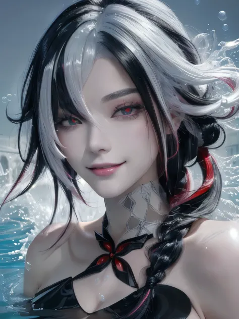 HD，masterpiece，high resolution，White hair,black hair,Colorful hair,Straight Hair,Long braids,Red eyes,Red X pupils,FlowingWaterS...