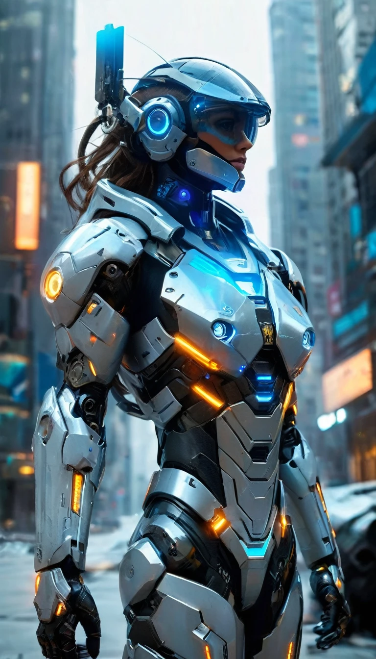 The image depicts a futuristic humanoid figure clad in advanced protective gear. The suit is predominantly silver with blue accents, suggesting a high-tech and possibly armored design. The helmet features a visor with a glowing blue light, which could indicate advanced vision enhancement or communication systems. The figure is holding a device with a glowing blue screen, which might be a tool or weapon, further emphasizing the advanced technology theme. The background is dark and industrial, hinting at a setting that could be a laboratory or a battlefield of the future. The overall impression is one of advanced technology and human enhancement, possibly in the context of a science fiction narrative or a vision of future military or exploration equipment.