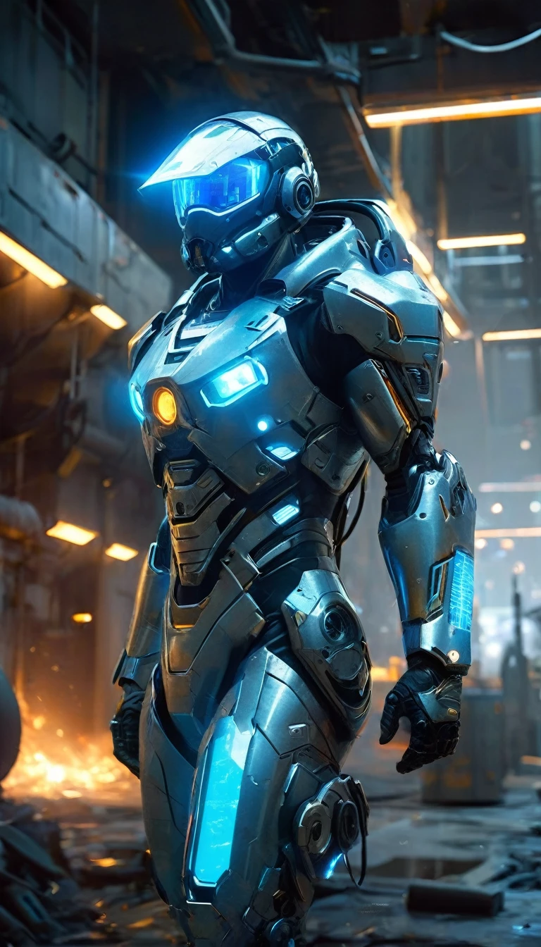 The image depicts a futuristic humanoid figure clad in advanced protective gear. The suit is predominantly silver with blue accents, suggesting a high-tech and possibly armored design. The helmet features a visor with a glowing blue light, which could indicate advanced vision enhancement or communication systems. The figure is holding a device with a glowing blue screen, which might be a tool or weapon, further emphasizing the advanced technology theme. The background is dark and industrial, hinting at a setting that could be a laboratory or a battlefield of the future. The overall impression is one of advanced technology and human enhancement, possibly in the context of a science fiction narrative or a vision of future military or exploration equipment.