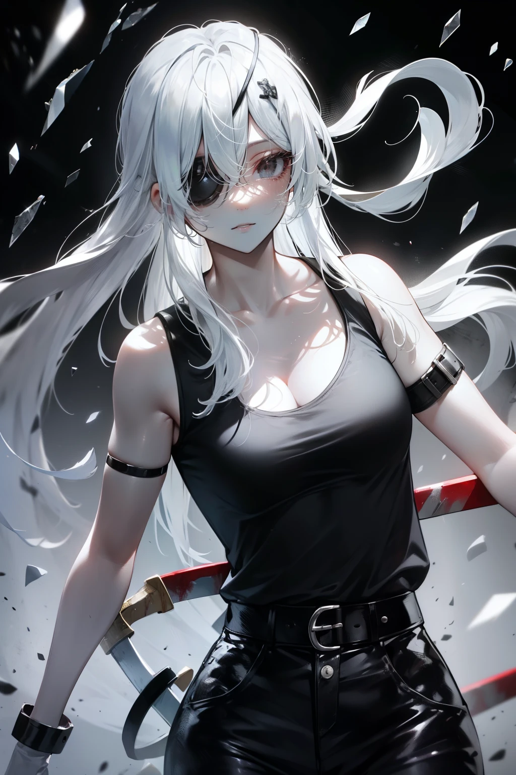 High quality, high detail, beautiful, beautiful face, white skin, sleepy eyes, black eyes, calm facial features, black eyepatch on the left eye, medium-length silver hair, slim, athletic body, black shirt with cut-off sleeves،Black pants, three swords at her waist, holding a sword, Attacking position , bloody background, Quanxi from Chainsaw Man 