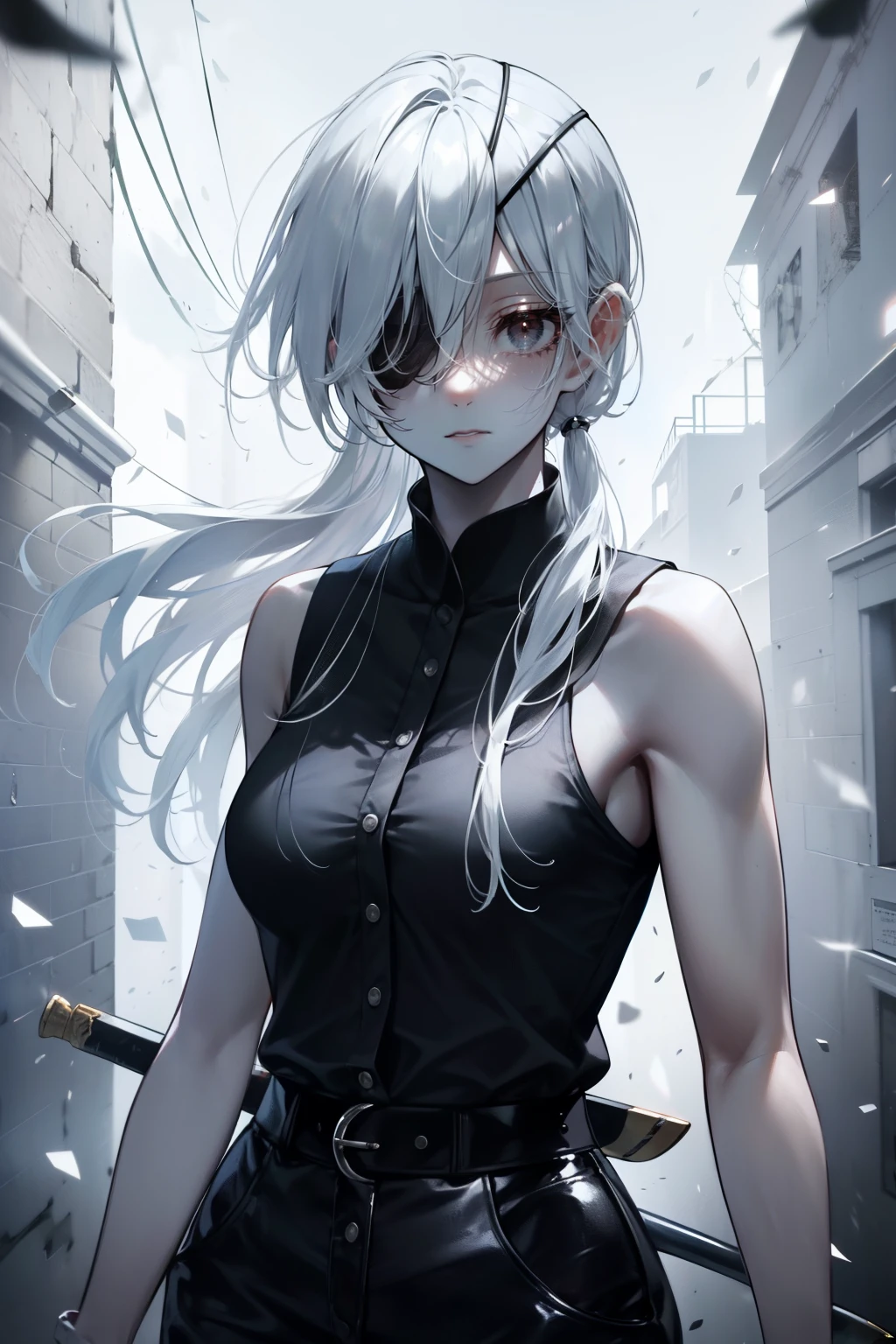 High quality, high detail, beautiful, beautiful face, white skin, sleepy eyes, black eyes, calm facial features, black eyepatch on the left eye, medium-length silver hair, slim, athletic body, black shirt with cut-off sleeves،Black pants, three swords at her waist, holding a sword, Attacking position , bloody background, Quanxi from Chainsaw Man 