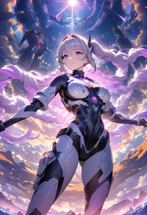 This is a charmingly realistic anime scene featuring a woman with purple double ponytails. She is dressed in a black and white skeletonized battle suit that accentuates her graceful curves and exudes a goddess-like divine aura. Standing proudly against the magnificent backdrop of the setting sun, clouds and stretching universe. The overall atmosphere of the image is enhanced by the use of advanced lighting techniques (including volumetric lighting and ambient shading), creating a truly immersive and colorful experience.