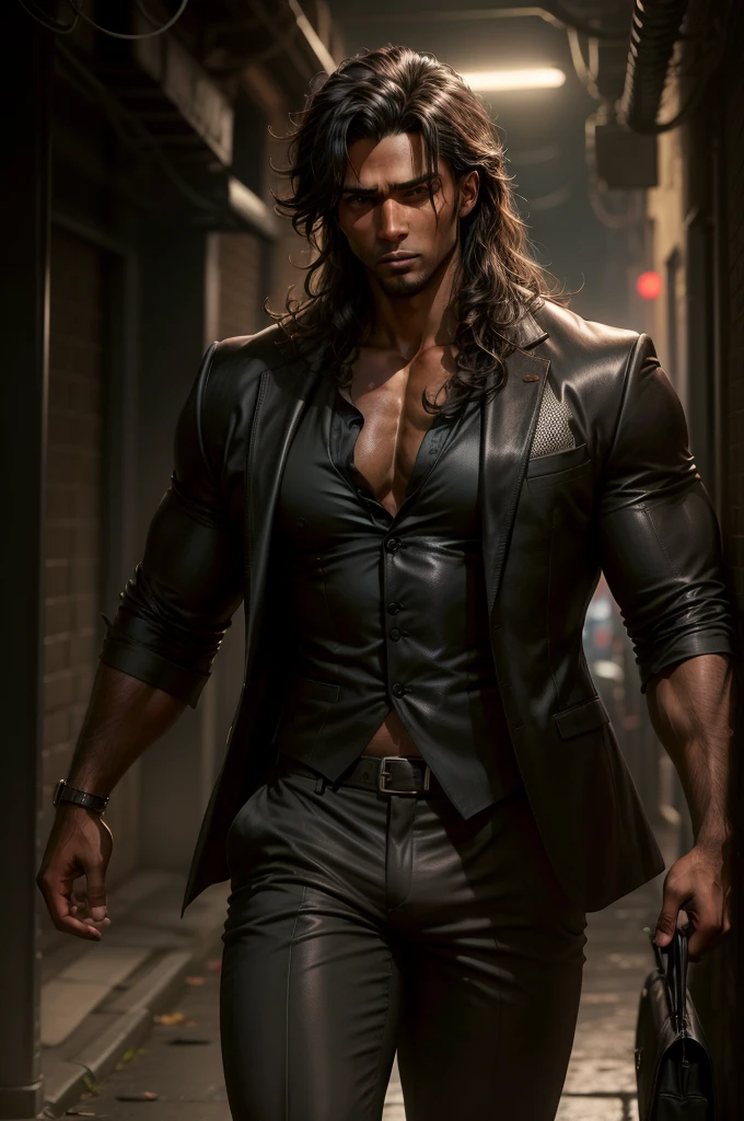 male, Muscular, Brown Skin, long brown curly hair, Dark suit pants, Black blazer and white shirt, Urban Background, night, In a dark alley, Realistic, 8k, Unreal Engine, Very detailed, Octane Rendering,