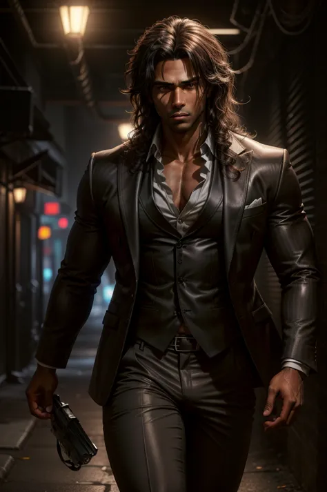 male, muscular, brown skin, long brown curly hair, dark suit pants, black blazer and white shirt, urban background, night, in a ...