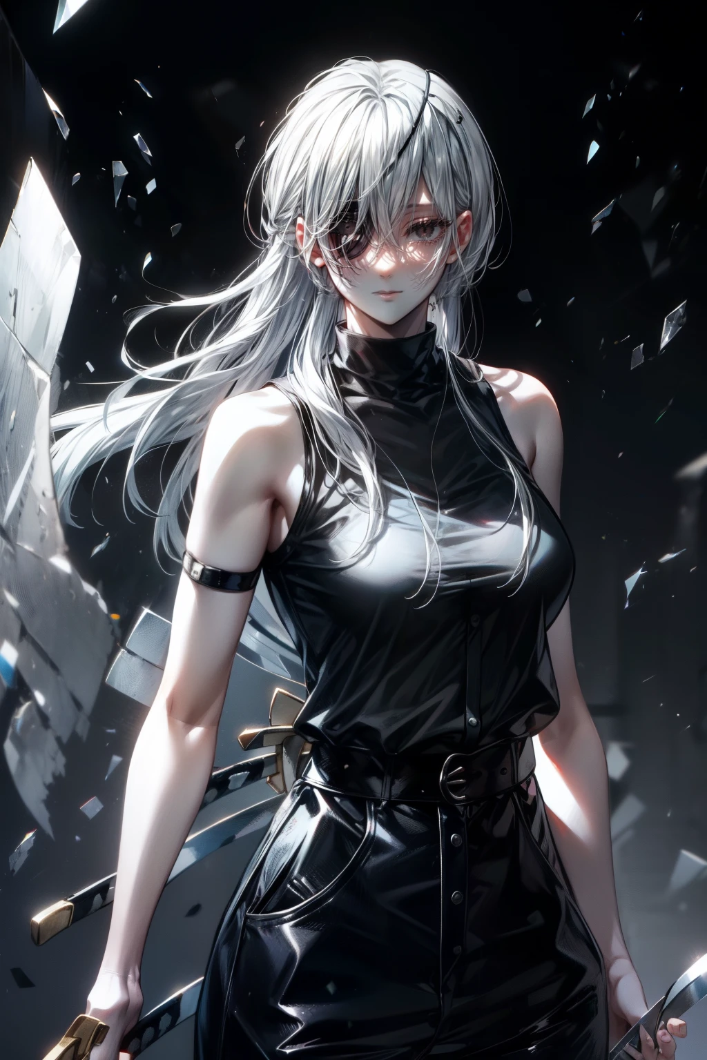 High quality, high detail, beautiful, beautiful face, white skin, sleepy eyes, black eyes, calm facial features, black eyepatch on the left eye, medium-length silver hair, slim, athletic body, black shirt with cut-off sleeves،Black pants, three swords at her waist, holding a sword, Attacking position , bloody background, Quanxi from Chainsaw Man 