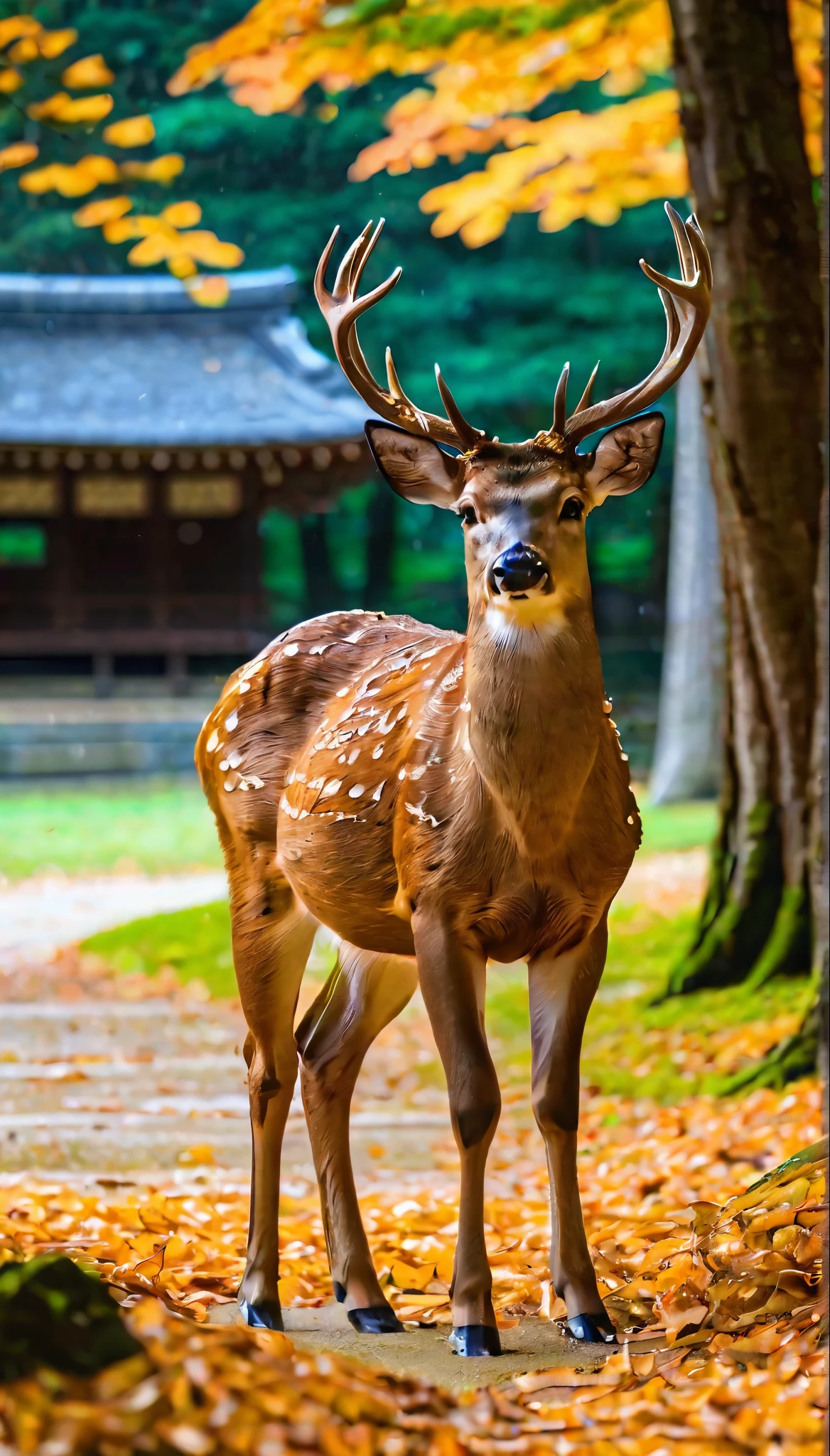 (best quality,realistic,animal photography),Sika deer at Kasuga Taisha temple in Nara(wildlife,deer,park),raw photo(reflection,autumn,lighting,bokeh),natural colors(brown,green),vibrant foliage,trees in the background,lush grass,serene atmosphere,sunlight filtering through the leaves,majestic antlers,noble expression,peaceful pose,unobstructed view,sharp focus(moment frozen in time),dewdrops on the grass,autumn leaves scattered on the ground,quiet elegance,majestic beauty.