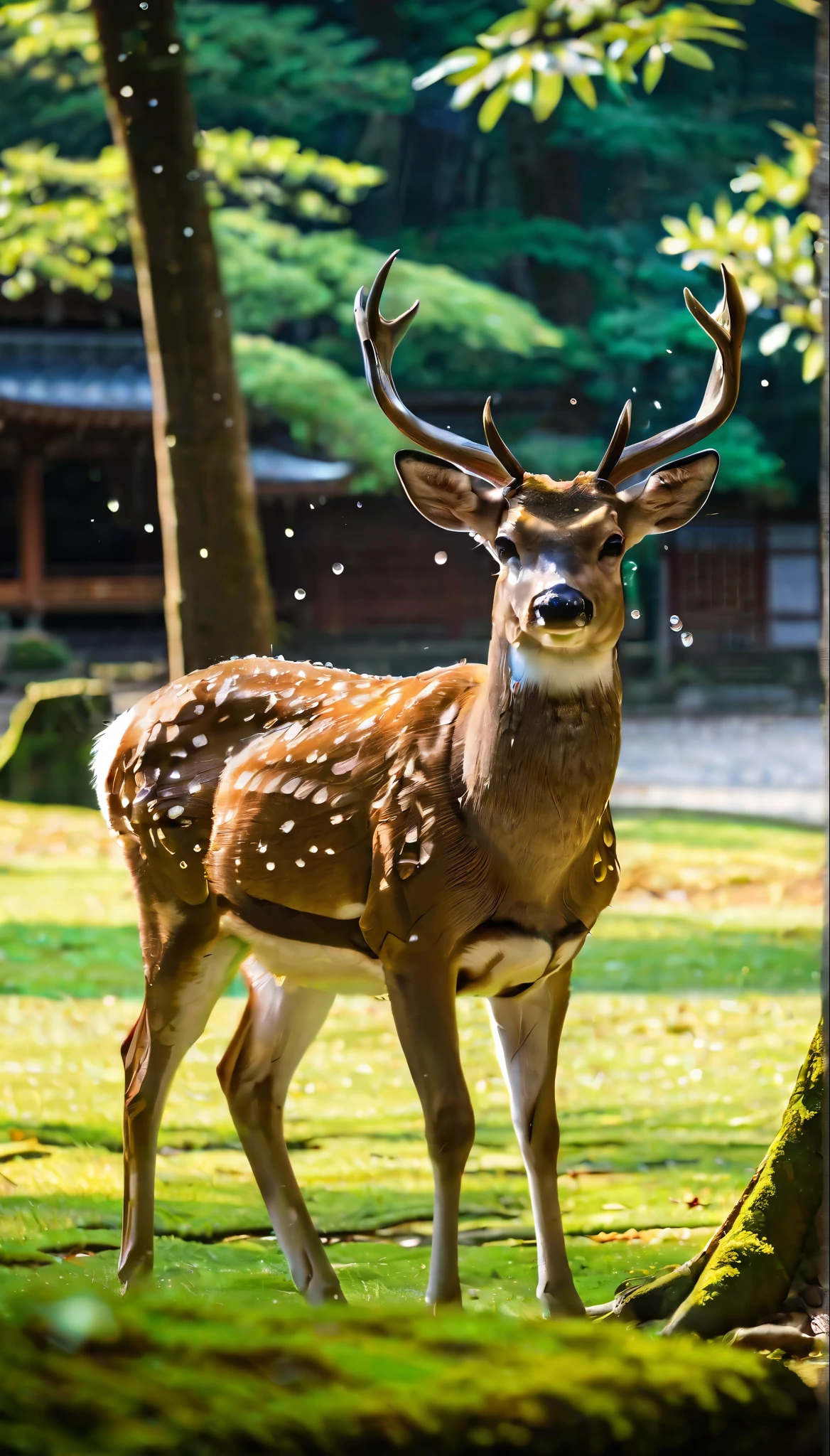 (best quality,realistic,animal photography),Sika deer at Kasuga Taisha temple in Nara(wildlife,deer,park),raw photo(reflection,autumn,lighting,bokeh),natural colors(brown,green),vibrant foliage,trees in the background,lush grass,serene atmosphere,sunlight filtering through the leaves,majestic antlers,noble expression,peaceful pose,unobstructed view,sharp focus(moment frozen in time),dewdrops on the grass,autumn leaves scattered on the ground,quiet elegance,majestic beauty.