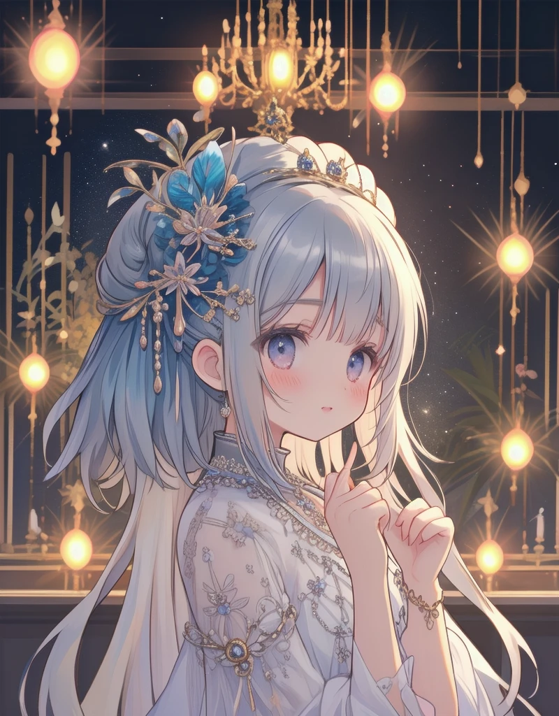 natural lighting, soft smile, seductive grin, upturned cheeks, half up-do, floating hair, coquettish hair, slightly shining hair, dress, silk, satin, silky gloss, 1girl, solo, evening, starry sky, spring ephemerals, profile, crystal, glassy gloss, amorphous dress, tropical bird, fire fly, lighting fly, butter fly, morpho, jewelry, ornaments, antique,