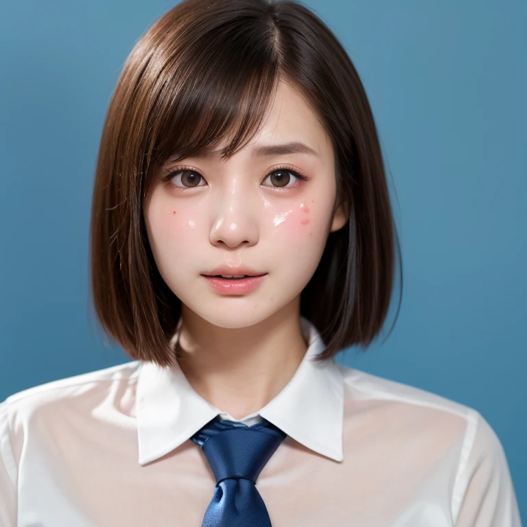 NSFW, (kawaii 24 year-old Japanese girl, Nogizaka idol, Korean idol), (glossy hair, very short hair, bangs:1.3), (beautiful black eyes, rounded face, single eyelid, no makeup:1.4), (embarrassed, noseblush, empty eyes, half opened mouth:1.5), (cum to face, a lot of semen spreaded on face, bukkake:1.5), (wearing suit jacket, collared shirt, necktie:1.3), (extra small breasts:0.9), BREAK, (simple blue background:1.3), (view from forward, bust shot:1.3), BREAK, (masterpiece, best quality, photo realistic, official art:1.4), (UHD, 8K quality wallpaper, high resolution, raw photo, golden ratio:1.3), (shiny skin), professional lighting, physically based rendering, award winning, (highly detailed skin, extremely detailed face and eyes), Carl Zeiss 85 mm F/1.4, depth of field, (1girl, solo:1.3),