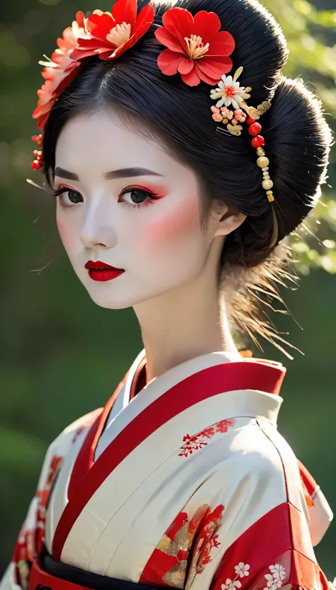 Alafi wearing a kimono with a red flower headpiece, Geisha Makeup, Portrait of a Geisha画, Geisha Makeup, Cute Face、Thin eyebrows...