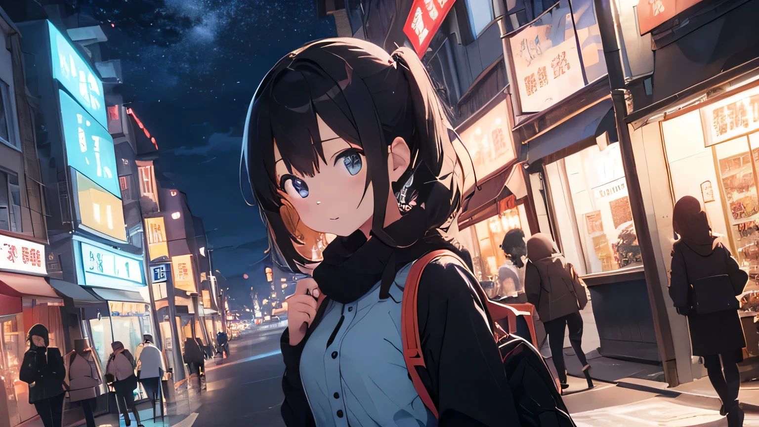 City Street。stroll。anime。Cute older sister。night。Blue Moment。Beautiful blue night sky。anime style。Gentle lines。Upper Body。front。looking at the camera。Show a wonderful view (highest quality, High resolution, Realistic), Vivid colors, Professional Lighting.