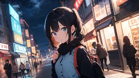 city street。stroll。anime。cute older sister。night。blue moment。beautiful blue night sky。anime style。gentle lines。upper body。front。...