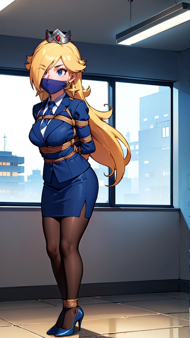 ((high detailed, best quality, 4k, masterpiece, hd:1.3)), BREAK night, window, moonlight, landscape, (in office), indoors, business office, window, desk, chair, computer, ceiling light, Rosalina, one eye covered by hair, neon blue eyes, seductive, attractive, , smooth anime cg art, 36C breasts, (long fitness legs), vivid colors, detailed digital art, slim body, perfect skin, blonde hair, long hair, crown, looking at viewer, extremely detailed face, navy_blue necktie, blue jacket, black shirt, blue pencil skirt, full body, (blue high heels), earrings, gem, dark black makeup lips, dark gothic eyeshadows, dark eyeshadows, black eyeshadows, , (perfect hands, perfect anatomy), black makeup, (1 girl), ((front view, frontal view)), (shibari, arms behind back: 1.4), (wearing a tight bandana covering the face), ((tight black band otn gag)), ( standing, stand up)